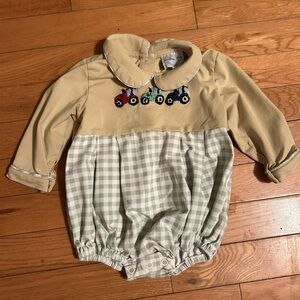 Boys  Beige and Green Checkered Romper with embroidered tractors